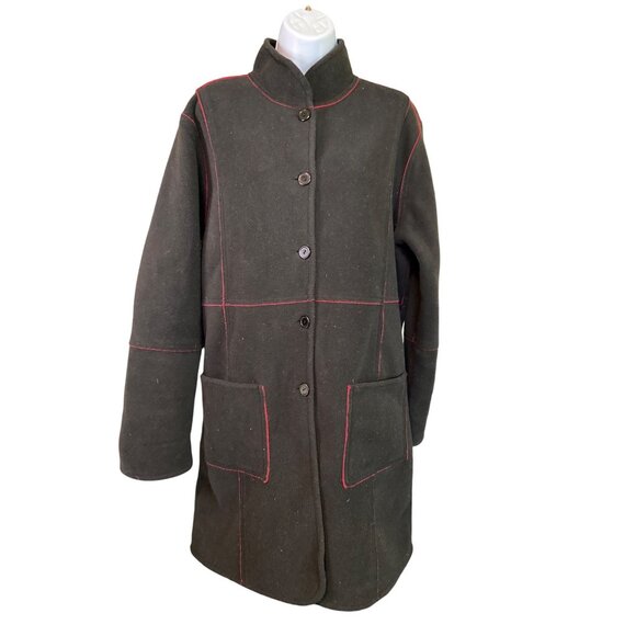 Susan Graver Black Reversable Fleece Coat L Red Stitching Minimalist Vintage - Picture 2 of 10